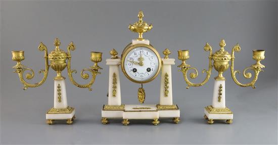 A Louis XVI style white marble and gilt-bronze garniture de cheminee, H 26cm W 17.5cm (clock)